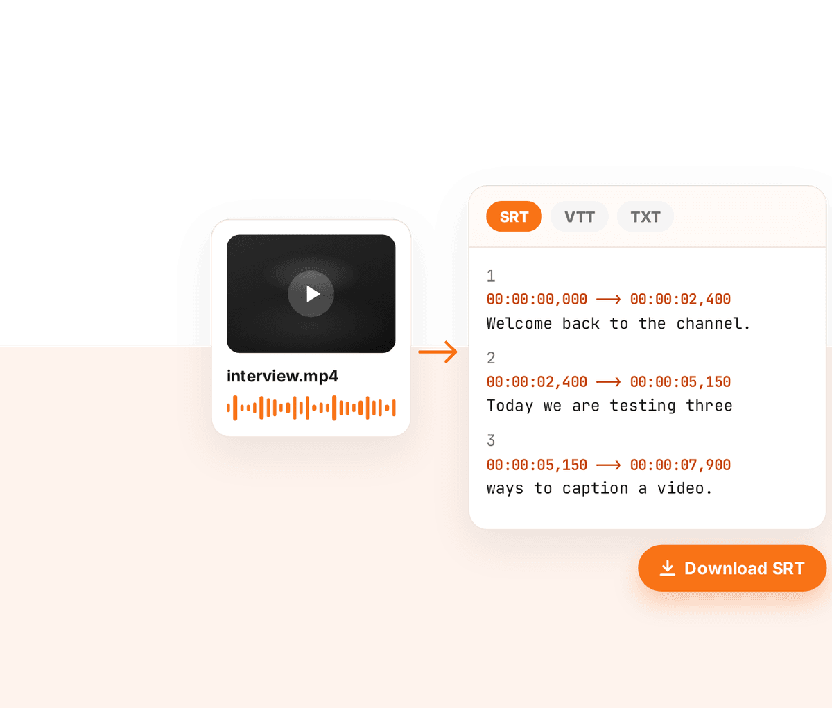 A video file being converted into an SRT subtitle file with numbered, timestamped lines